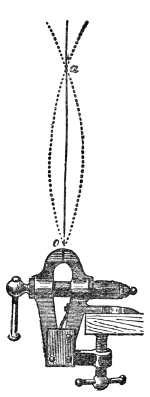 The same rod damped at a and struck below that point: it now divides into two swinging parts — a spindle below and a fan above — with a motionless node between them.
