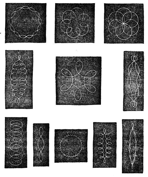 A plateful of Wheatstone's scrolls — the looped rosettes, chains and knotted ribbons the lit bead draws when the rod is struck in different ways, each one the signature of a particular mixture of vibrations.