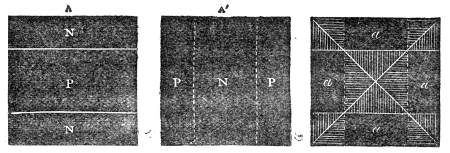 The same two plates, but with their vibrations opposed — P against N throughout. Adding them leaves the centre, the crossings and the four corners at rest, and the nodal lines come out along the two diagonals.