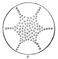 The same glass driven into six vibrating parts, and the spheres have arranged themselves into a six-rayed star.