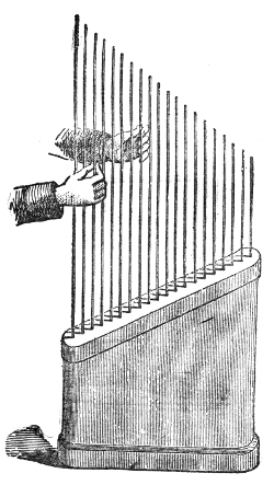 The instrument of deal rods. A row of rods of graded length stands in a wooden case, and the player draws resined fingers up them one after another to sound the scale.