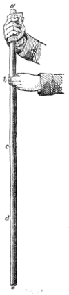 The long glass rod a e held at b, midway between its centre and one end, and rubbed along the short section a b. Nodes form at b and at d, the same distance from the other end, dividing the rod into three vibrating parts.
