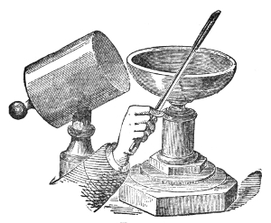 The bell sounded with the bow, and the closed tube — the drum-like cylinder at the left — held with its open mouth close to one of the bell's vibrating segments, where it turns the pure, quiet note into a roar.
