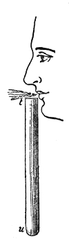 Blowing across the open end of the tube t u. The thin sheet of air from the lips flutters over the mouth of the tube, and the column of air inside picks out of that flutter the one pulse that keeps step with it and raises it into a musical note.