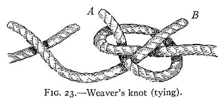 FIG. 23.—Weaver's knot (tying). — Two stages of the weaver's knot. At left the two ends are simply crossed; at right the end A has been looped back over the end B, and B stands up ready to be slipped through the loop.