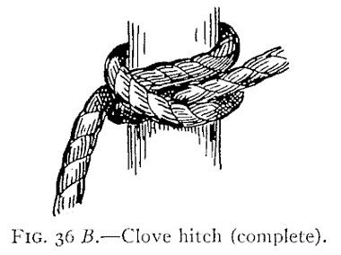 FIG. 36 B.—Clove hitch (complete). — The clove hitch drawn snug around an upright spar, the standing part hanging down at left and the end coming out under its own turn at right.