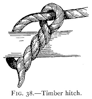 FIG. 38.—Timber hitch. — A rope passed around a squared timber, taken round its own standing part, and twisted several times around itself, the end hanging below.
