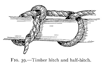 FIG. 39.—Timber hitch and half-hitch. — A timber hitch on a long spar at left, with the standing part carried a short way along the spar and a single half-hitch taken round it at right.