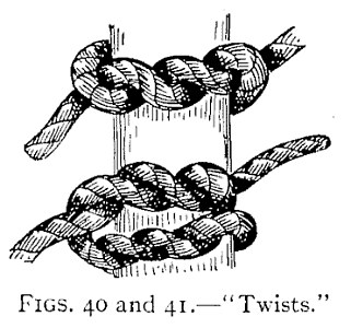 Figs. 40 and 41.—"Twists." — Two twist fastenings on an upright post, one above the other. In each the rope passes round the post and its two parts are twisted round each other, held only by the twist.