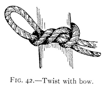 FIG. 42.—Twist with bow. — A cord passed round an upright is twisted several times about itself, and the twists are finished with a bow: a single loop stands out to the left and the end hangs free to the right.