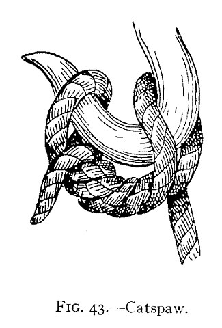 Fig. 43.—Catspaw. — The finished catspaw on the curved bill of a hook: two bights of the rope, each twisted about itself, lie side by side over the hook, with both parts of the rope running off below.