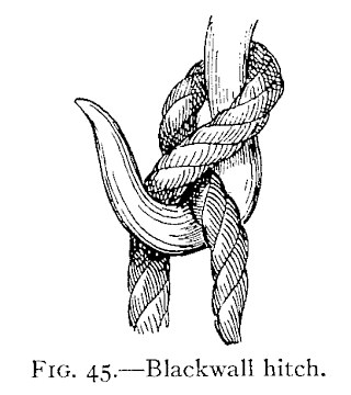 FIG. 45.—Blackwall hitch. — A loop of rope taken round the back of a hook, with the end passed underneath the standing part and across the hook, so that the standing part bears down on the end and jams it.