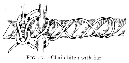 FIG. 47.—Chain hitch with bar. — The chain hitch used with a bar: a handspike stands upright against the large rope, held by several turns of the small line, which then runs away along the rope in crossing turns.