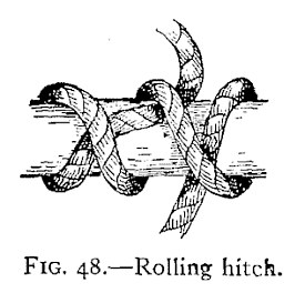 FIG. 48.—Rolling hitch. — A rope made fast round a horizontal spar in the manner of a clove hitch, its turns crossing over one another on the front of the spar and the end rising at the top.