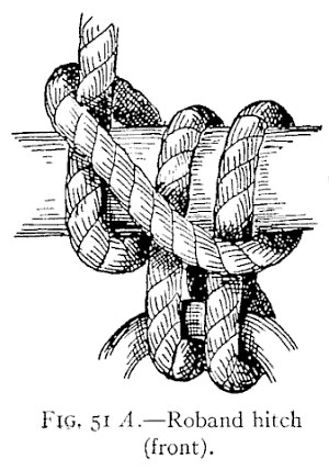 FIG. 51 A.—Roband hitch (front). — The roband hitch from the front: a rope passed over a beam and crossed in turns on its face, with two bights hanging below the beam and holding a ring between them.