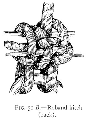 FIG. 51 B.—Roband hitch (back). — The same roband hitch from the back, showing the turns crossing over one another on the beam and the ring held in the two bights beneath it.