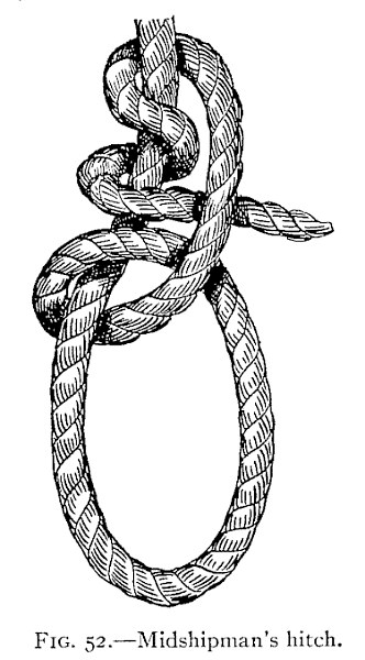 FIG. 52.—Midshipman's hitch. — A large loop hanging below, closed by a half-hitch round the standing part with two round turns taken round it above, the end standing out to the right.