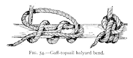 FIG. 54.—Gaff-topsail halyard bend. — Two views on a yard. At left the rope is shown open, taking two turns round the yard and a third over both; at right the same bend is drawn up close, the end sticking out below.