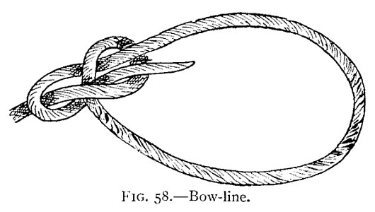 FIG. 58.—Bow-line. — The finished bow-line: a large loop, closed at the left by the knot, with the end lying back alongside the loop and the standing part running off to the left.