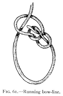 FIG. 61.—Running bow-line. — A bow-line whose end has been passed back through its own loop, so that the loop runs as a slip knot round the standing part rising at the top.