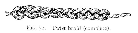 FIG. 72.—Twist braid (complete). — The finished twist braid: a length of rope plaited into a close three-part braid, with a short end left free at the right.
