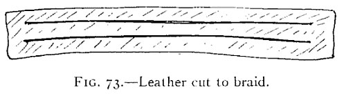 FIG. 73.—Leather cut to braid. — A strip of leather slit lengthwise in two places from near one end to near the other, leaving both ends whole and three narrow strands between.