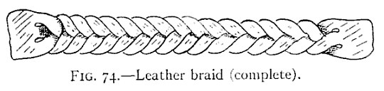 FIG. 74.—Leather braid (complete). — The slit strip plaited into a three-strand braid, its two uncut ends left square at either side.