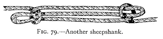 FIG. 79.—Another sheepshank. — The rope is doubled into three parallel parts, and at each end a single turn of the standing part is thrown over the bend, whose tip projects beyond it as a loop.