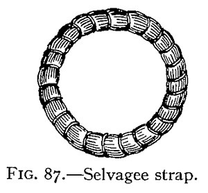 FIG. 87.—Selvagee strap. — A finished selvagee strap: a ring of many yarns laid together and bound all the way round at close intervals with turns of seizing.