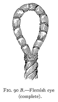 FIG. 90 B.—Flemish eye (complete). — The finished Flemish eye: a pear-shaped loop above the rope, bound round at short intervals with whippings, and a close whipping where the eye joins the standing part.
