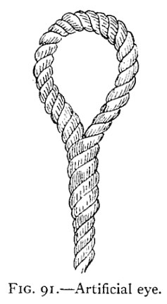 FIG. 91.—Artificial eye. — A finished artificial eye: a plain loop of three-strand rope whose end runs back down and is laid up into the standing part so closely that no join shows.