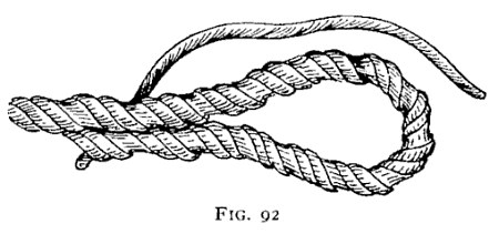 FIGS. 92 and 93.—Making artificial eye. — The first stage, Fig. 92: one strand is unlaid, and the two remaining strands are bent round into an eye and laid back alongside the standing part, while the loose strand arches free above.