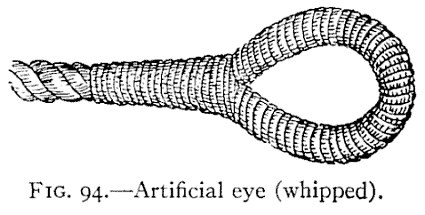 FIG. 94.—Artificial eye (whipped). — The finished artificial eye, its strands tapered down and the whole eye and the neck below it whipped over closely with yarn or marline, the plain rope showing only at the left.