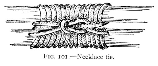 FIG. 101.—Necklace tie. — Two ropes lying side by side, bound together by many close turns of a lashing, with the two ends of the lashing joined by a square knot lying lengthwise along the band.