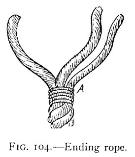 FIG. 104.—Ending rope. — The end of a rope seized with a close whipping at A, and its three strands opened out above it into a fork.