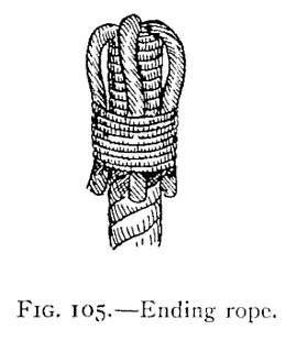 FIG. 105.—Ending rope. — The same end finished: the strands have been bent back down alongside the rope, their bights standing up at the top, and the whole bound with a broad whipping, the strand ends showing just below it.