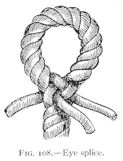 FIG. 108.—Eye splice. — An eye splice: the end is bent round into an eye and its three strands are tucked into the strands of the standing part below it, their ends still standing out.
