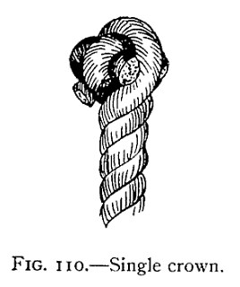FIG. 110.—Single crown. — The single crown finished on a rope's end: the three strands folded down over one another into a rounded knob, their cut ends showing at the sides.