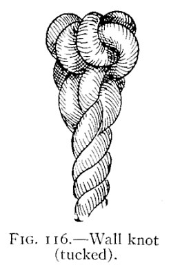 FIG. 116.—Wall knot (tucked). — The wall knot drawn snug with its ends tucked and tapered down into the standing part, making a swelling that narrows into the plain rope below.