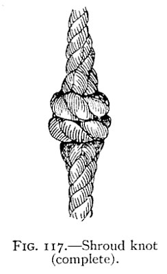 FIG. 117.—Shroud knot (complete). — The finished shroud knot joining two ropes end to end: a tight collar of walled strands at the middle, with each rope tapering away from it above and below.