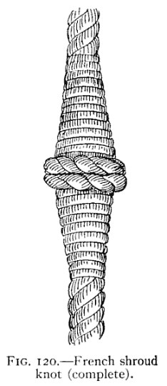 FIG. 120.—French shroud knot (complete). — The finished French shroud knot: a narrow ring of knotted strands at the middle, with the rope on either side served with yarn in close turns that taper away into plain rope.