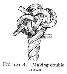 FIG. 121 A.—Making double crown. — A crown at a rope's end with its strands being carried around a second time alongside the first, the loose ends still standing out from the top of the knot.