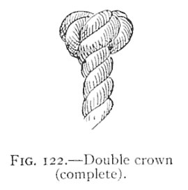 FIG. 122.—Double crown (complete). — The finished double crown: a compact rounded head of doubled strands on the end of the rope, with the laid standing part below.