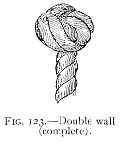 FIG. 123.—Double wall (complete). — The finished double wall: a round, doubled knob on the end of the rope, its strands lying in pairs around it, with the laid standing part below.