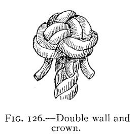 FIG. 126.—Double wall and crown. — The double wall and crown with its strands followed through twice, the three ends still hanging down below the knot beside the standing part.