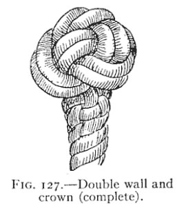 FIG. 127.—Double wall and crown (complete). — The finished double wall and crown: a large round knob of doubled strands on the rope's end, with its ends tucked away into the standing part so no end shows.