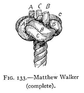 FIG. 133.—Matthew Walker (complete). — The Matthew Walker hauled taut: a close, rounded knot of three strands lettered A, B and C around the rope, their three cut ends standing up side by side on top.