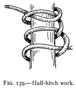FIG. 139.—Half-hitch work. — A line taken around an upright rope in a series of half-hitches, one below another, spaced out so the spiral of hitches can be followed.