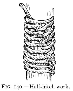 FIG. 140.—Half-hitch work. — The same half-hitch work drawn snug, the hitches covering the rope in close turns that form a spiral twist along it, with the end of the line coming out at the top.