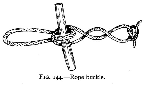 FIG. 144.—Rope buckle. — A long loop at the left is held by a wooden peg thrust through a smaller loop; the two parts of the rope beyond twist together toward a knot at the right.